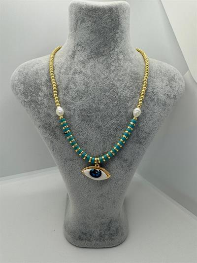 Altın Kaplama Barok İncili Mavi Taşlı Göz Kolye