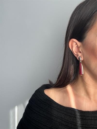 Altın Kaplama Bordo Otantik Dokulu Damla  Küpe