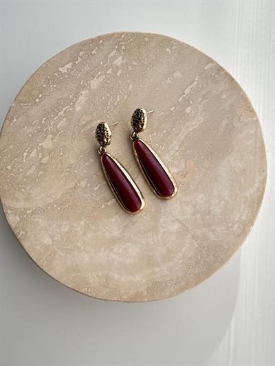 Altın Kaplama Bordo Otantik Dokulu Damla  Küpe