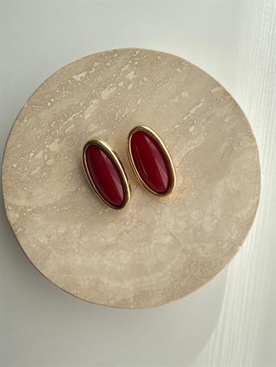 Altın Kaplama Bordo Oval Küpe