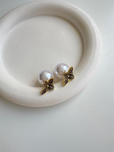 Altın Kaplama Çift Taraflı Kullanılabilen İncili Kelebek Küpe