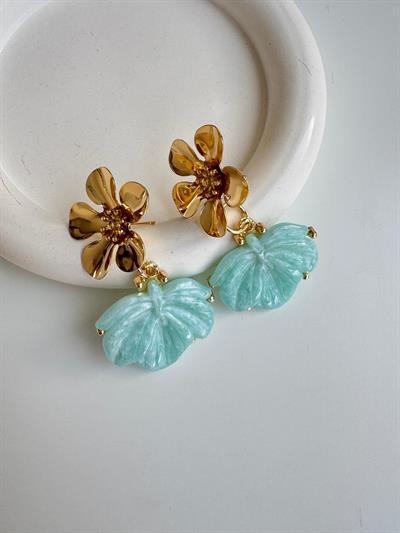 Altın Kaplama Gold Çiçek Detaylı Turkuaz Kemik Küpe