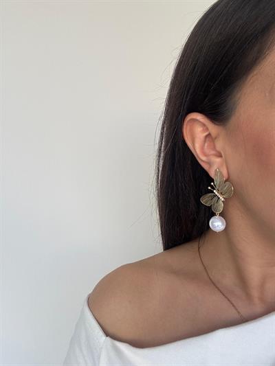 Altın Kaplama İncili Kelebek Küpe