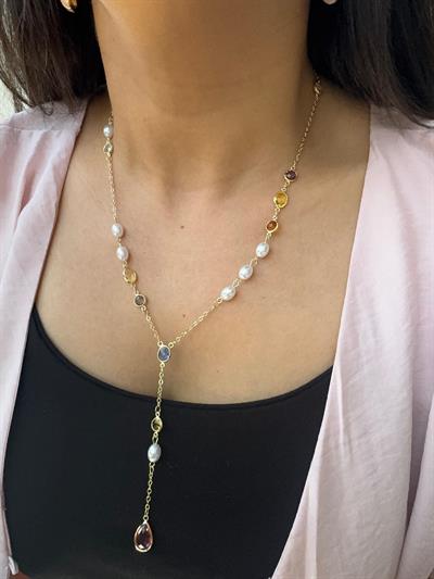 Altın Kaplama İncili Renkli Taşlı Dekolte Kolyesi