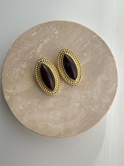 Altın Kaplama Kahverengi Bohem Oval Küpe