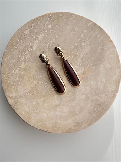 Altın Kaplama Kahverengi Otantik Dokulu Damla  Küpe