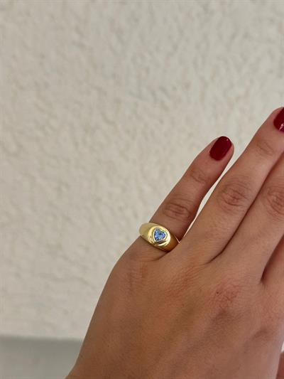 Altın Kaplama Kalpli Mavi Taşlı Serçe Parmak Yüzüğü