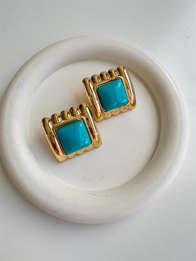 Altın Kaplama Kare Mavi Taşlı Küpe