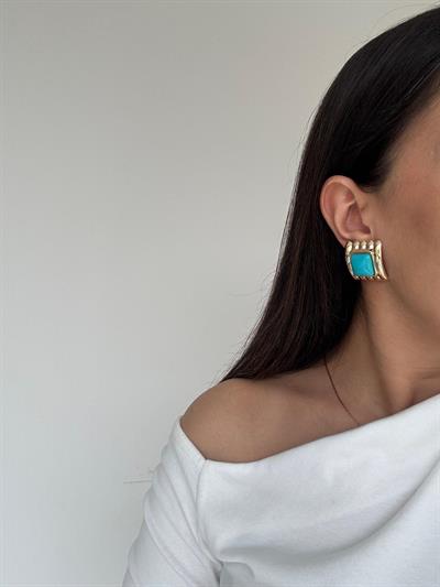 Altın Kaplama Kare Mavi Taşlı Küpe