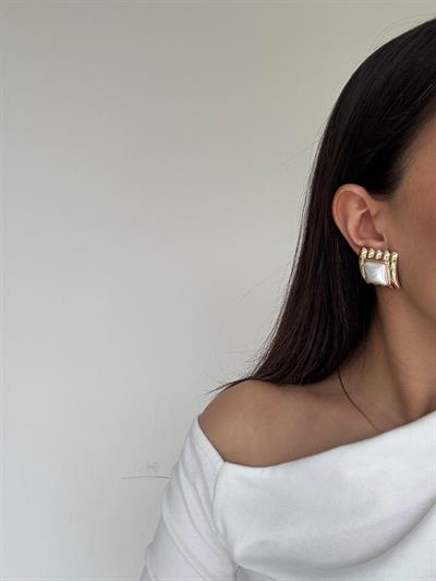 Altın Kaplama Kare Sedefli Taşlı Küpe