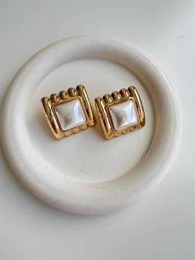 Altın Kaplama Kare Sedefli Taşlı Küpe