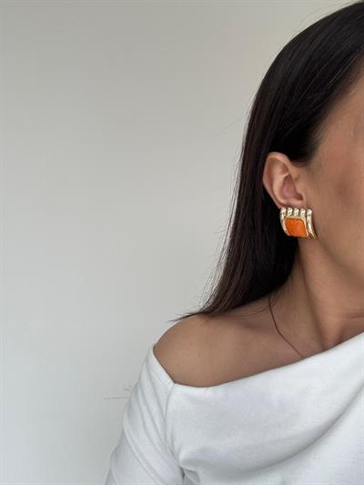 Altın Kaplama Kare Turuncu Taşlı Küpe