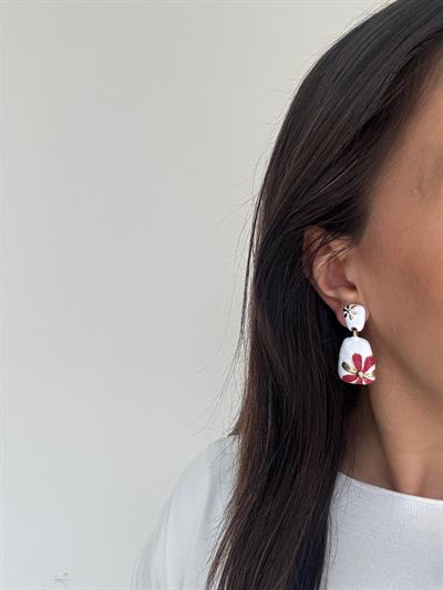 Altın Kaplama Kırmızı Çiçekli Küpe