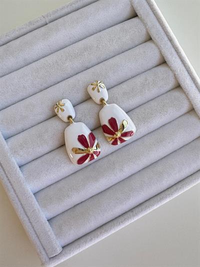 Altın Kaplama Kırmızı Çiçekli Küpe