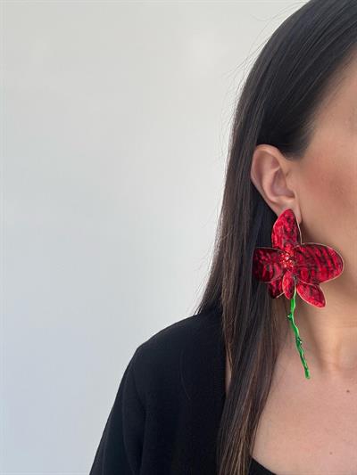 Altın Kaplama Kırmızı Plaka Çiçek Küpe