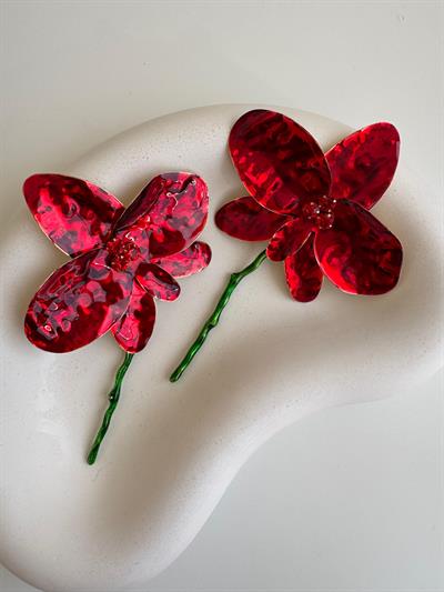 Altın Kaplama Kırmızı Plaka Çiçek Küpe