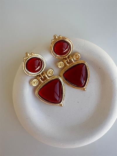 Altın Kaplama Kırmızı Taşlı Otantik Küpe