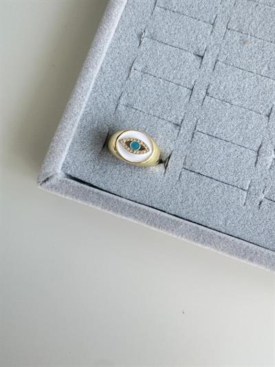 Altın Kaplama Mavi Göz Detaylı Bombeli Serçe Parmak Yüzüğü