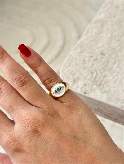 Altın Kaplama Mavi Göz Detaylı Bombeli Serçe Parmak Yüzüğü