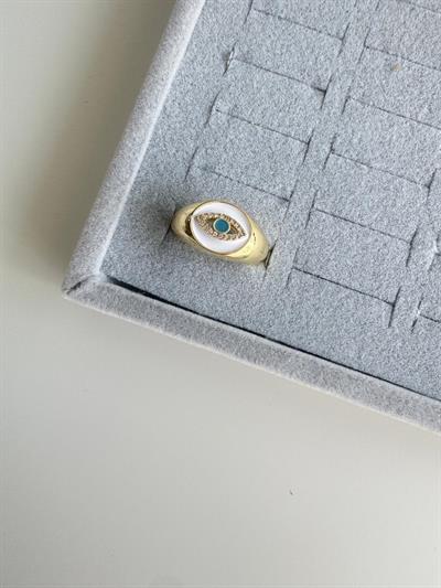 Altın Kaplama Mavi Göz Detaylı Bombeli Taşlı Yüzük