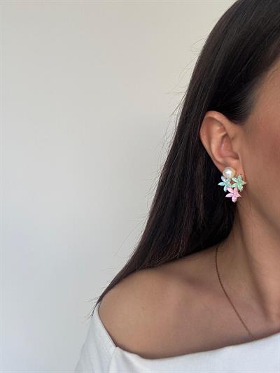 Altın Kaplama Pastel Renkli İncili Çiçek Küpe