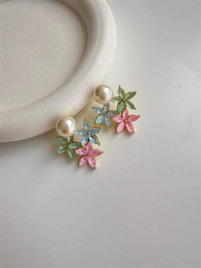 Altın Kaplama Pastel Renkli İncili Çiçek Küpe