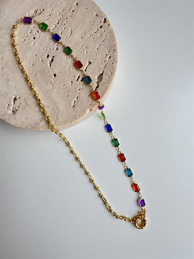 Altın Kaplama Renkli Dikdörtgen Taşlı Kolye