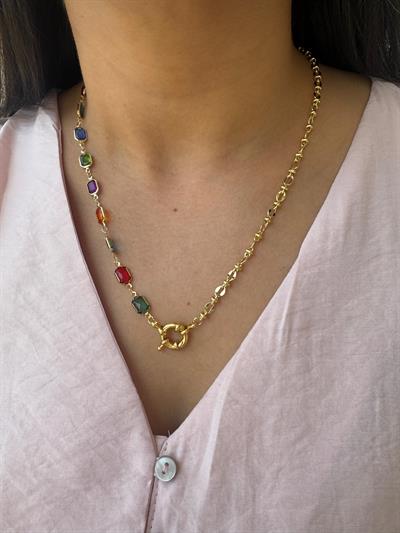 Altın Kaplama Renkli Dikdörtgen Taşlı Kolye