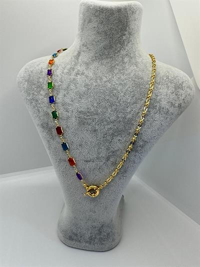 Altın Kaplama Renkli Dikdörtgen Taşlı Kolye
