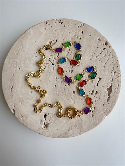 Altın Kaplama Renkli Dikdörtgen Taşlı Kolye