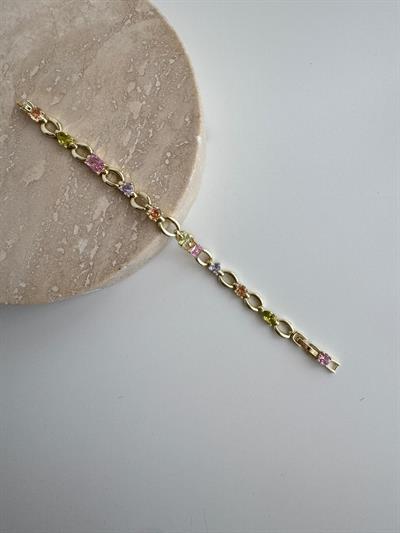 14k Altın Kaplama Renkli Taşlı Oval Bileklik