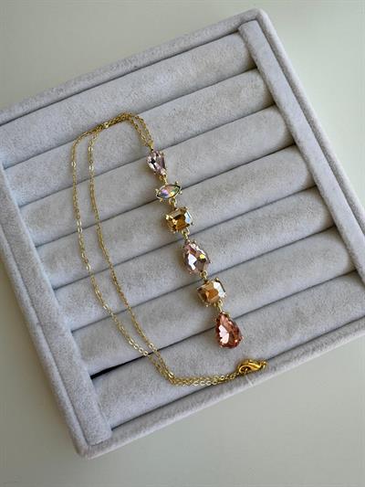 Altın Kaplama Somon-Pembe Kristal Taşlı Dekolte Kolyesi