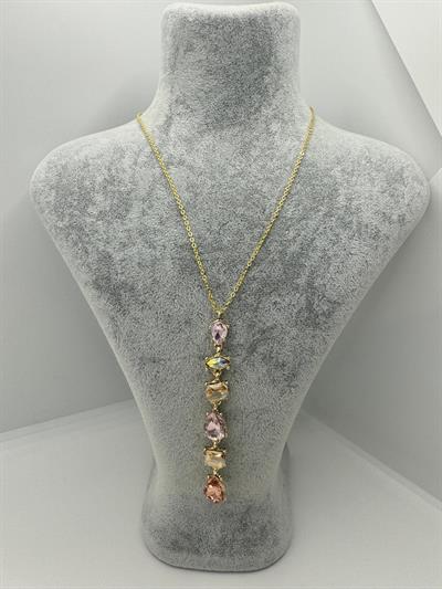Altın Kaplama Somon-Pembe Kristal Taşlı Dekolte Kolyesi