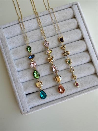 Altın Kaplama Somon-Pembe Kristal Taşlı Dekolte Kolyesi