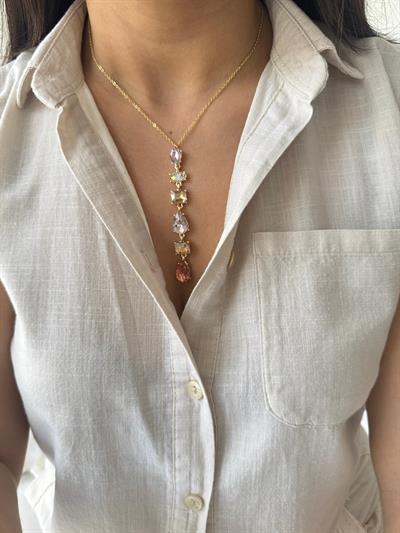 Altın Kaplama Somon-Pembe Kristal Taşlı Dekolte Kolyesi