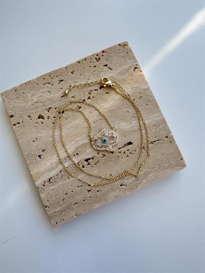 14k Altın Kaplama Taşlı Fatma Ana Eli Kolye