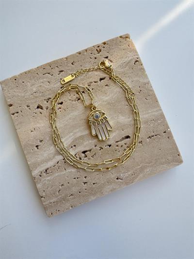 14k Altın Kaplama Ataç Zincirli Taşlı Göz Detaylı Krem Fatma Ana Eli Kolye 