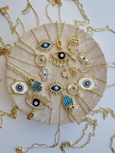 14k Altın Kaplama Ataç Zincirli Taşlı Göz Detaylı Mavi Fatma Ana Eli Kolye 