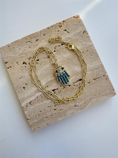 14k Altın Kaplama Ataç Zincirli Taşlı Göz Detaylı Mavi Fatma Ana Eli Kolye 