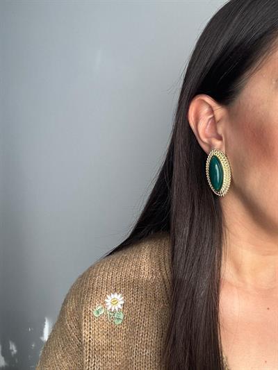 Altın Kaplama Yeşil Bohem Oval Küpe