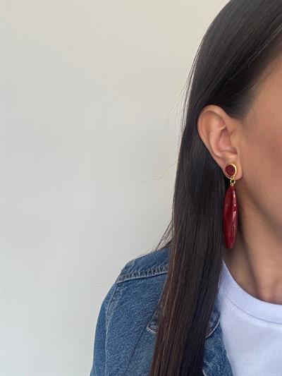 Bordo Oval Sallantılı Gold Detaylı Küpe