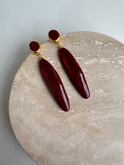 Bordo Oval Sallantılı Gold Detaylı Küpe