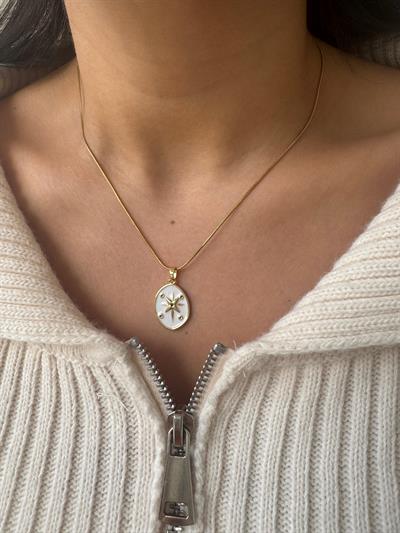 Çelik Beyaz Mineli Yıldız Detaylı Kolye