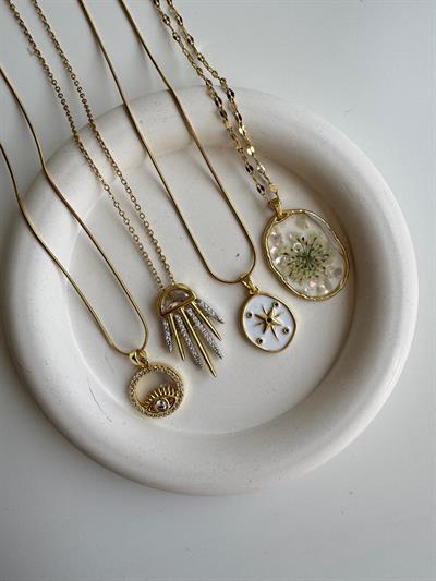 Çelik Beyaz Mineli Yıldız Detaylı Kolye