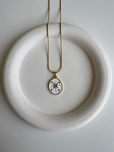 Çelik Beyaz Mineli Yıldız Detaylı Kolye
