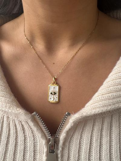 Çelik Beyaz Plaka Göz Detaylı Kolye