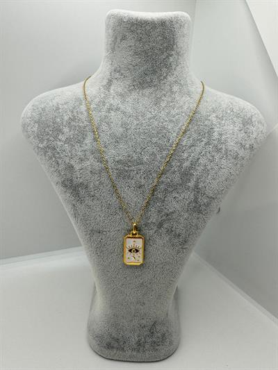 Çelik Beyaz Plaka Göz Detaylı Kolye