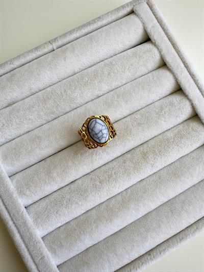 Çelik Beyaz Taşlı Oval Otantik Yüzük