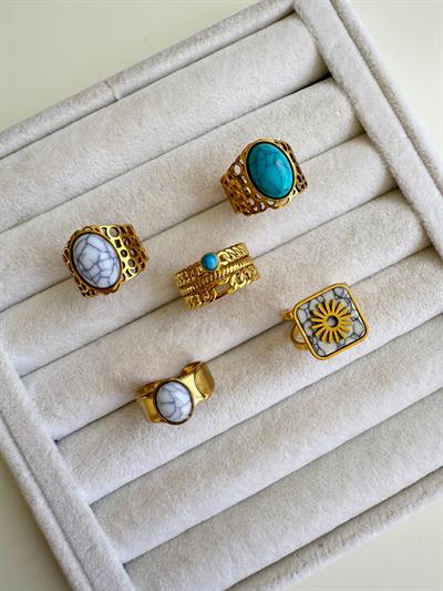 Çelik Beyaz Taşlı Oval Otantik Yüzük