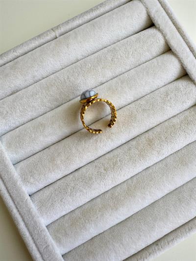 Çelik Beyaz Taşlı Oval Otantik Yüzük